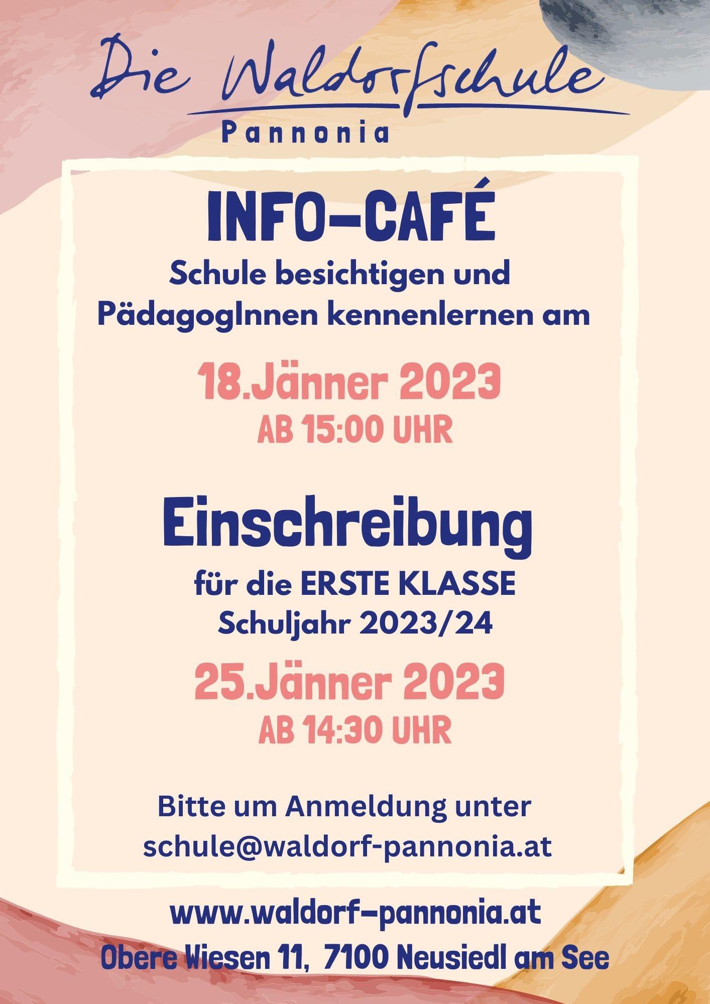 18.01.2023 Info-Cafè (Schulbesichtigung und Kennenlernen); Einschreibung für die Erste Klasse Schuljahr 2023/24 am 25.01.2023 ab 14:30 Uhr