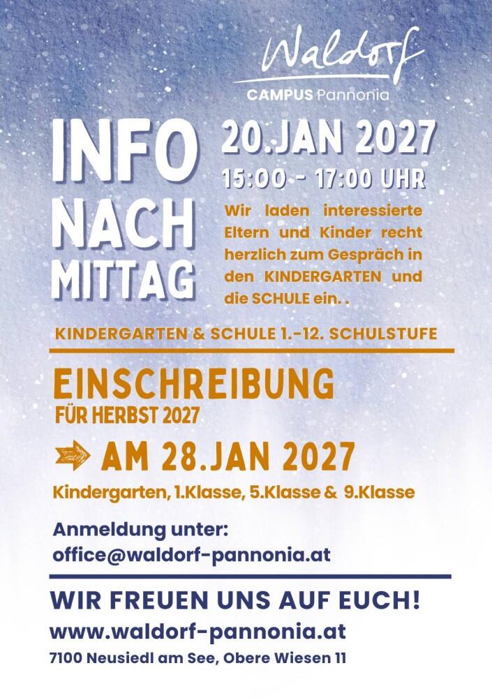 Infonachmittag für Schule und Kindergarten am 20. Jänner 2027 von 15 bis 17 Uhr; Einschreibung für Herbst 2027 am 28. Jänner 2027
